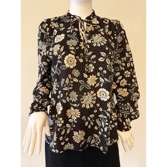 LOFT Women's Petite Floral Tie Neck Blouse Black Long Sleeve Size SP - Picture 2 of 13